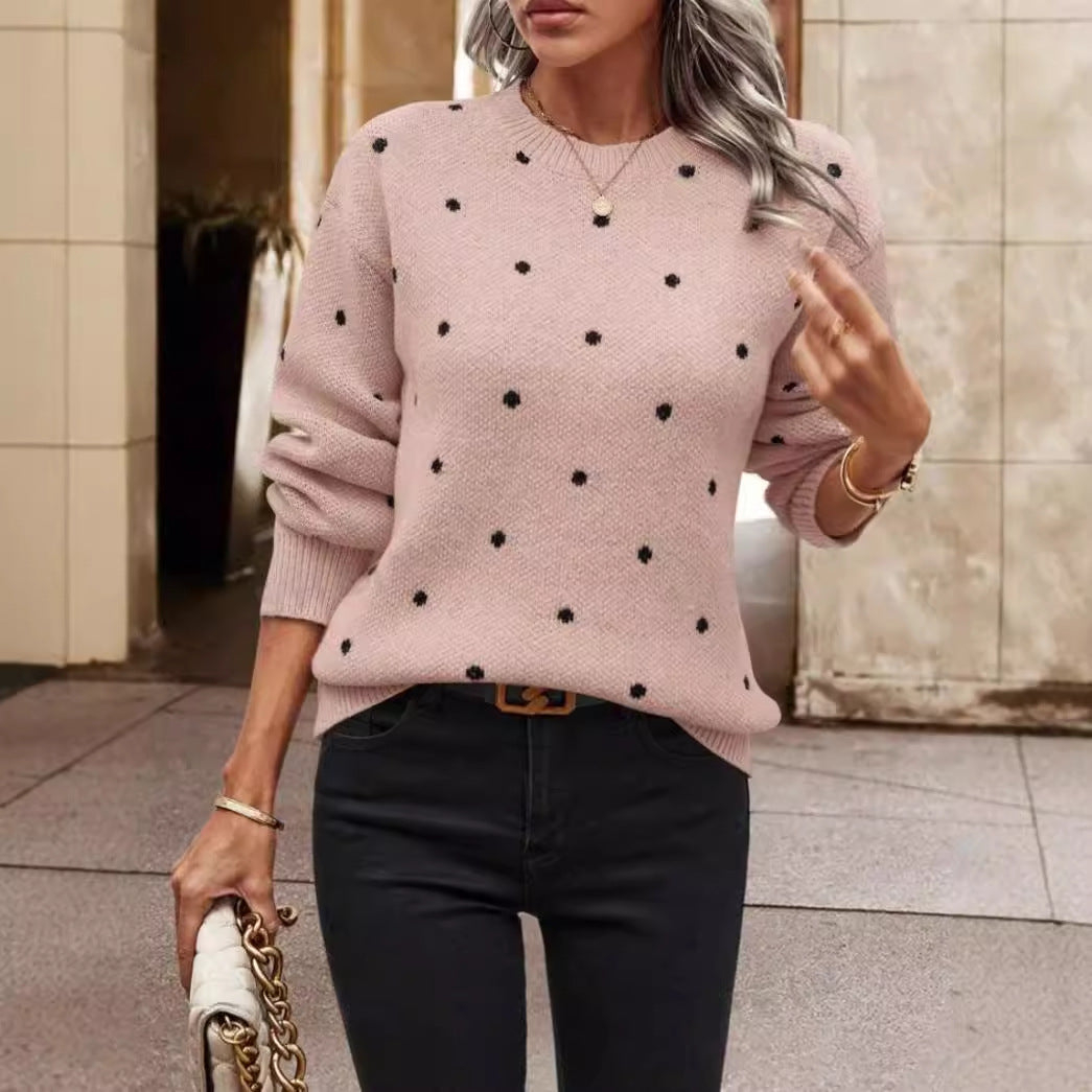 Women's Knit Sweater – Relaxed Fit – Polka Dot Pattern – Round Neck – Long Sleeves