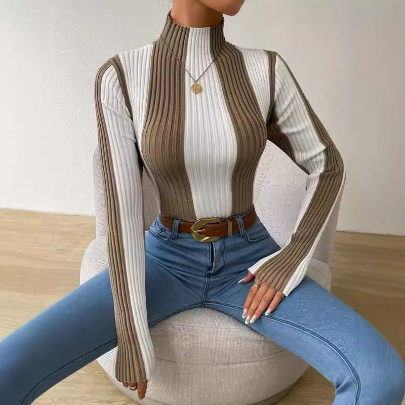 Dame Strikbluse – Slim Fit – Ribbet Struktur – Mock Neck – Lange Ærmer