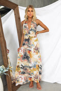 Women's A-line dress – V-neck – Tie back – Lightweight fabric – Artistic print
