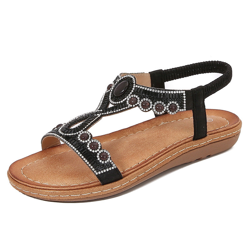 Women's Sandals – Flat Sole – Padded Footbed – Boho Beads and Elastic Strap