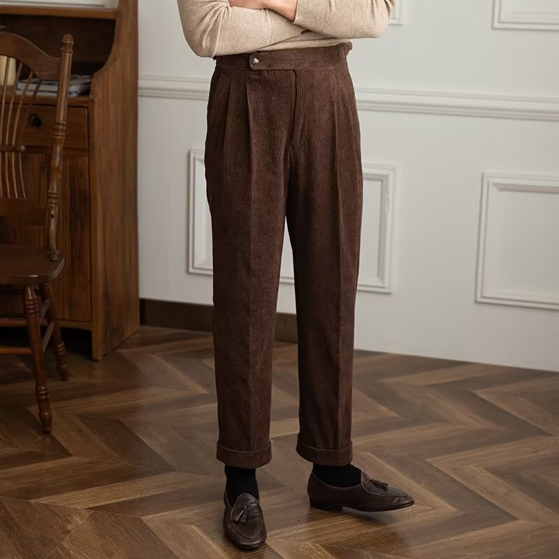 Men's Trousers – Corduroy – High Waist – Straight Fit – Pleated Front – Rolled-Up Legs