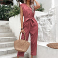 Women's Jumpsuit – Sleeveless – V-neck – Relaxed Fit – Tie Belt – Button Closure