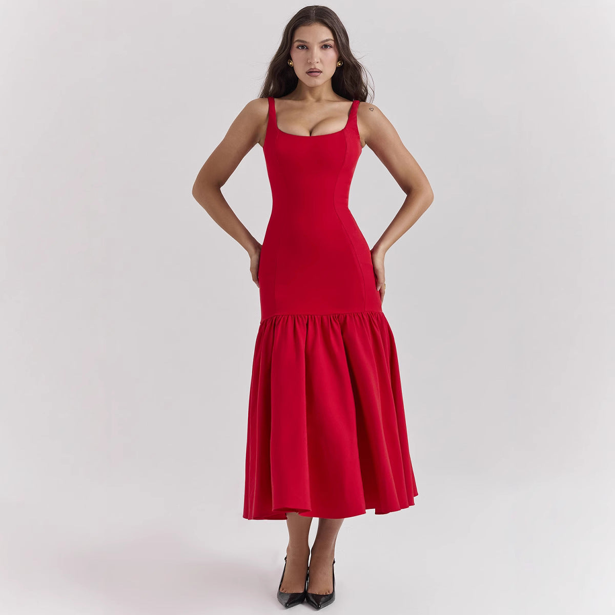 Women's Dress – Satin – Fitted with Ruffled Skirt – Sleeveless Round Neck – Mid-Length