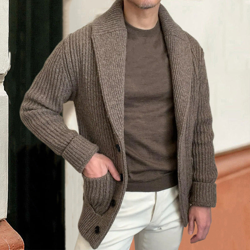 Wool Blend Shawl Collar Ribbed Knit Cardigan