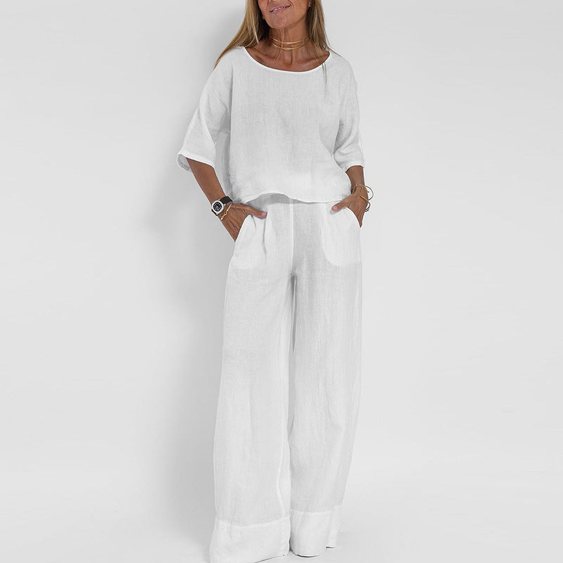 Women's Set – Linen Blend – Relaxed Fit – Short-Sleeved Top & Wide Pants