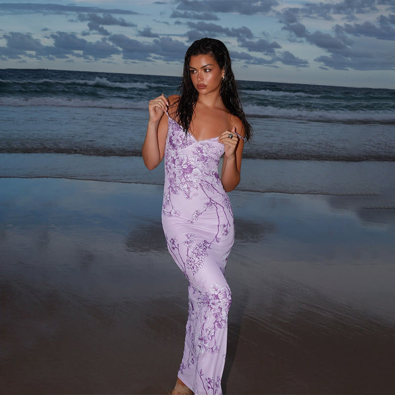 Women's Maxi Dress – Slim Fit – Satin Blend – V-Neck – Spaghetti Straps – Floral Pattern