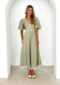 Women's Maxi Dress – V-neck – Puff Sleeves – Lace Trim – Fitted Waist – A-line Skirt