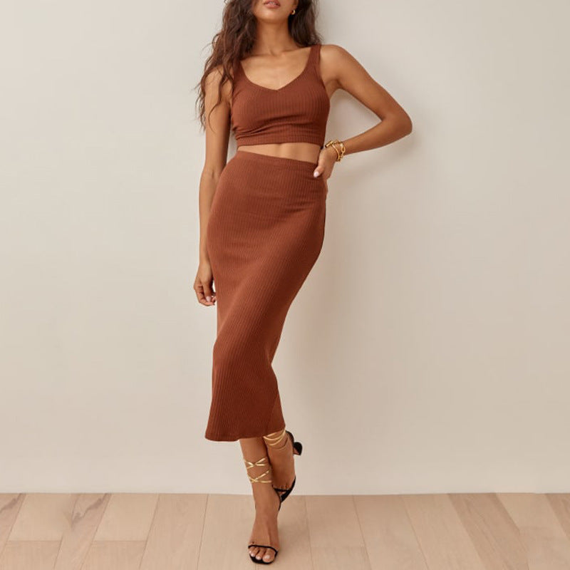 Ribbed Knit Cropped High-Waisted Slim Fit Set