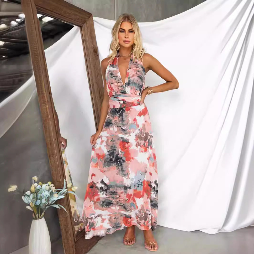 Lightweight Artistic Print Tie Back A-line Dress