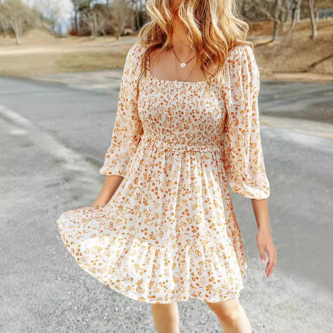 Cotton Blend Floral Smocked A-line Dress