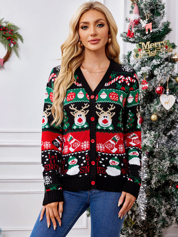 Festive Pattern Loose Fit Cardigan Knitwear