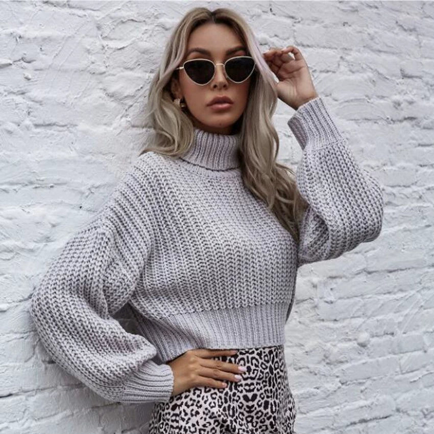 Wool Blend Cropped Balloon Sleeve Sweater