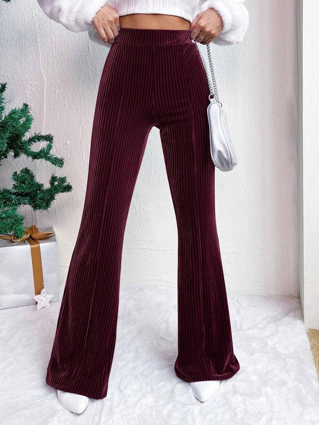 Velvet Ribbed High Waist Flared Pants