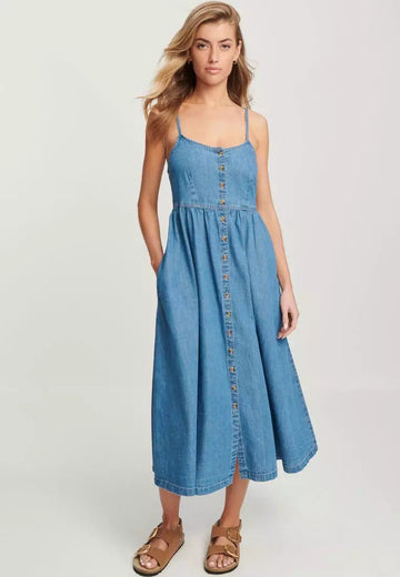 Denim A-Line Spaghetti Strap Midi Dress