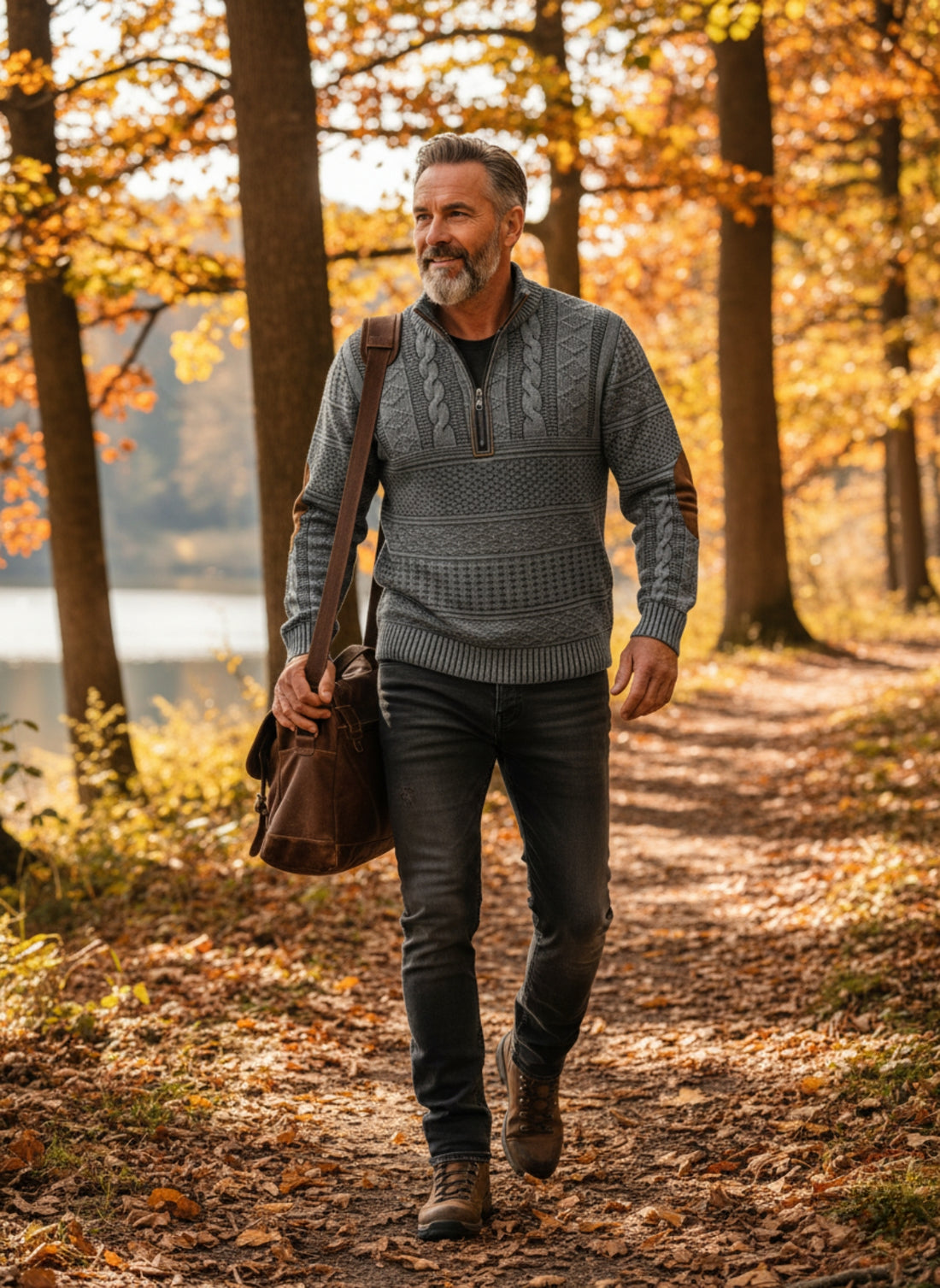 Men's Knit Sweater - Half Zipper - Cable Knit Pattern - Ribbed Edges - Elbow Patches