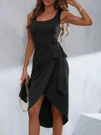 Women's Asymmetric Wrap Dress - Sleeveless - Square Neck - Adjustable Waist