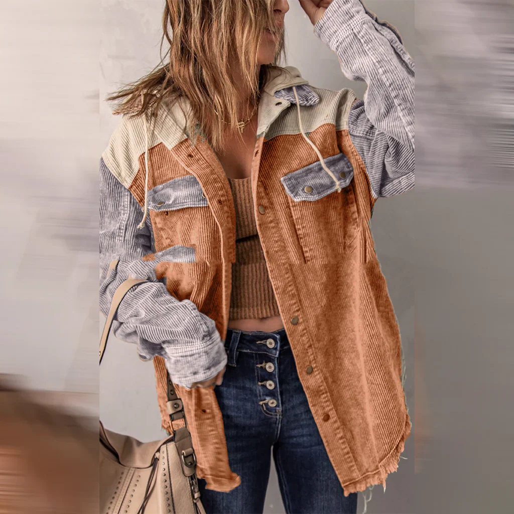 Drawstring Hood Oversized Patchwork Corduroy Jacket