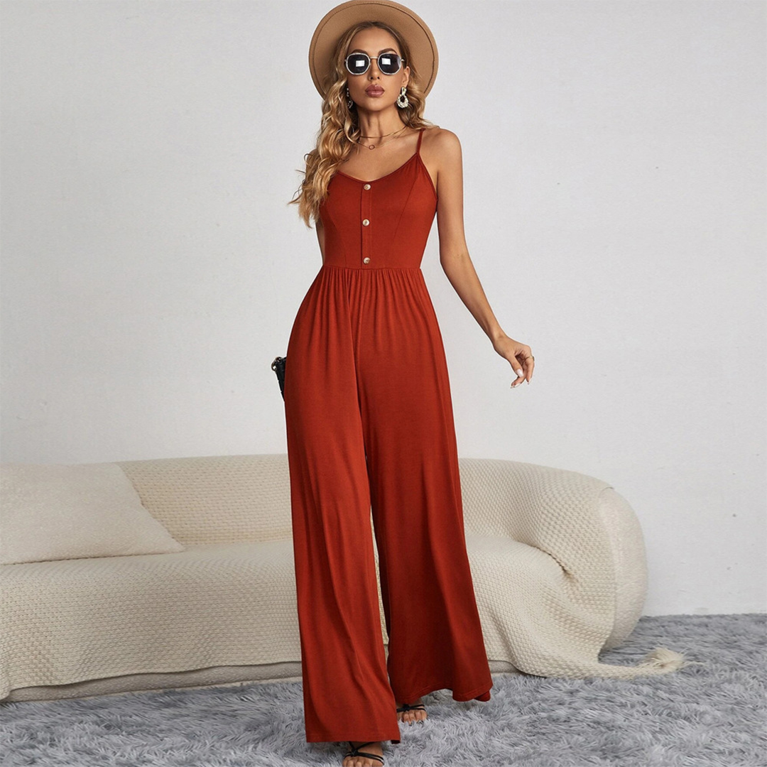 Women's Jumpsuit – Sleeveless – V-Neck with Buttons – Tailored Fit – Wide-Leg Design