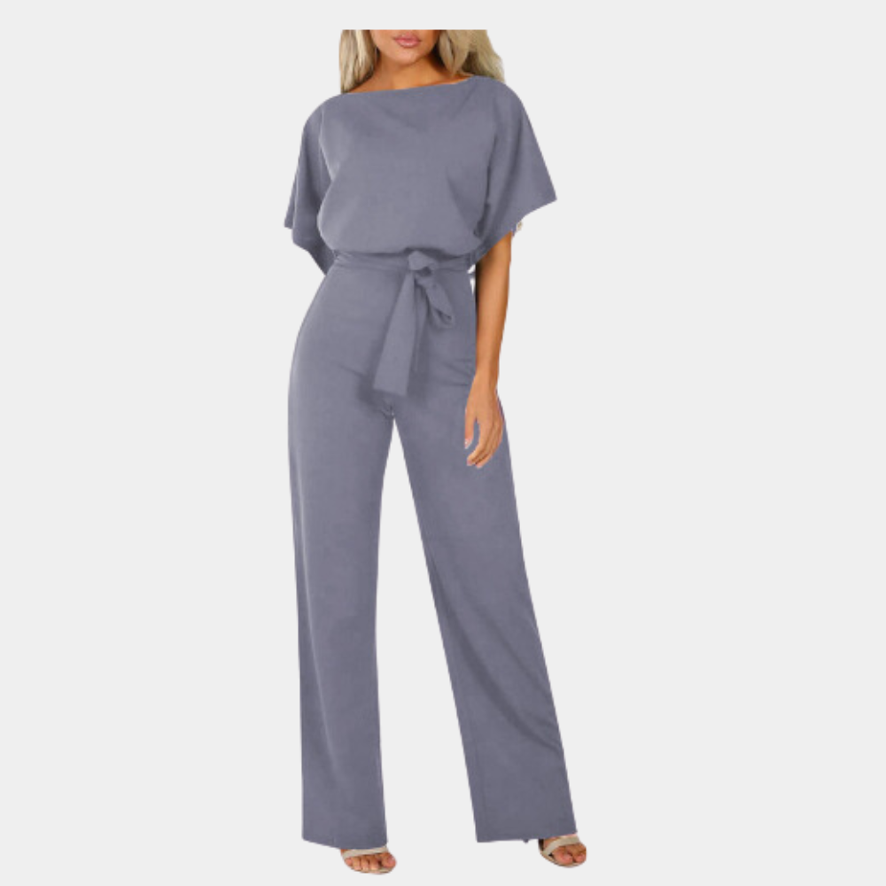 Dame Jumpsuit - Kort Ærme - Bindebånd i Taljen - Brede Ben - Elegant og Komfortabel