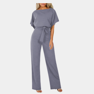 Dame Jumpsuit - Kort Ærme - Bindebånd i Taljen - Brede Ben - Elegant og Komfortabel