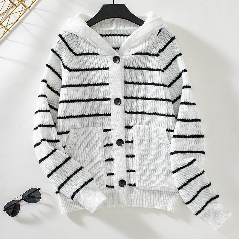 Striped Relaxed Fit Hooded Cardigan Sweater