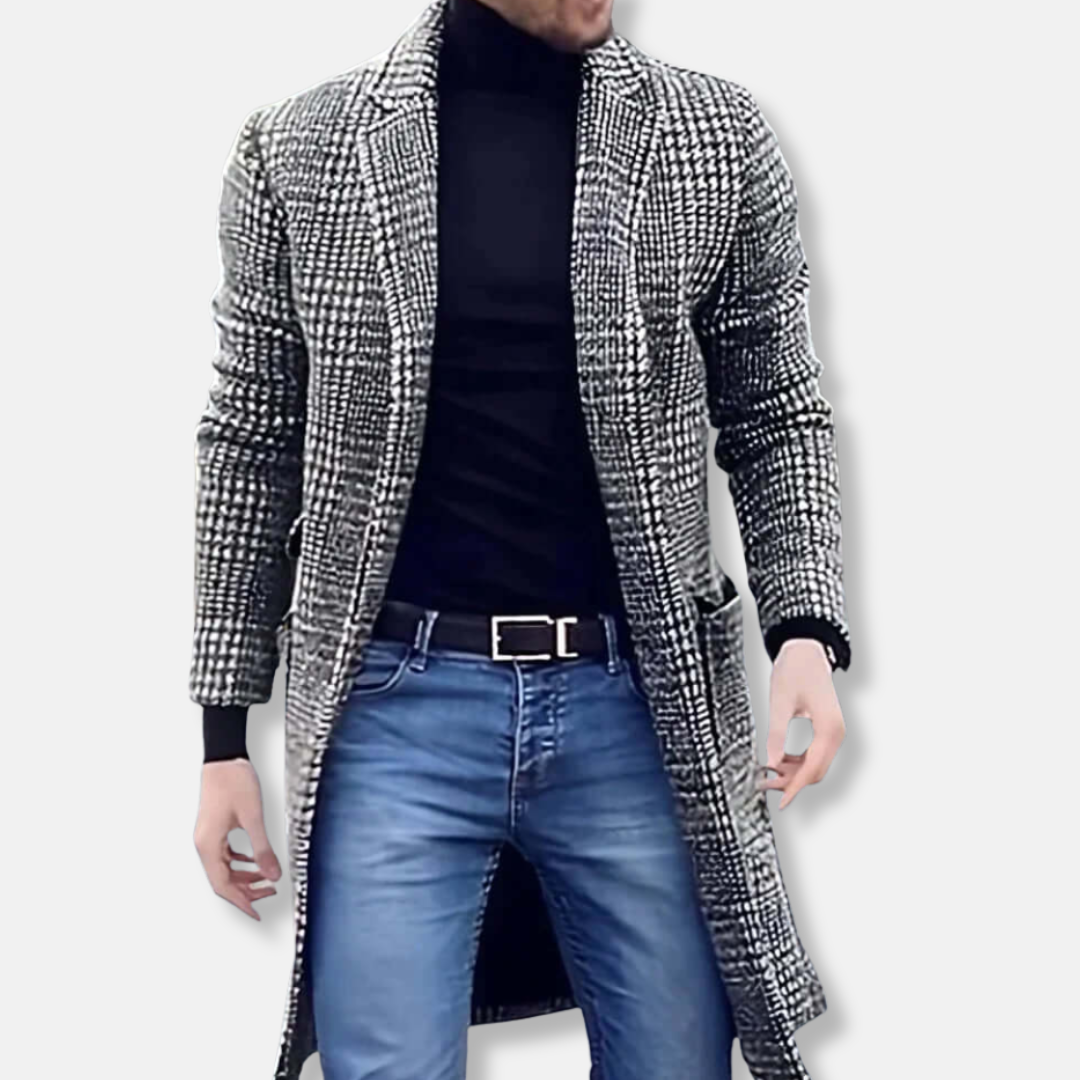 Checkered Wool Blend Slim Fit Trench Coat