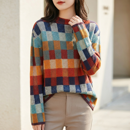 Relaxed Fit Knit Sweater with Mock Neck and Checkerboard Texture