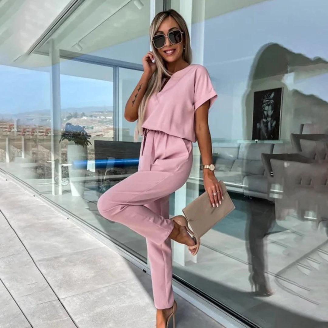 Women's Jumpsuit - Elegant Design - Short Sleeve - Elastic Waist - Comfortable Fit
