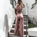 Women's Jumpsuit - Sleeveless with Deep V-Neck - Waist Tie - Wide Leg Fit