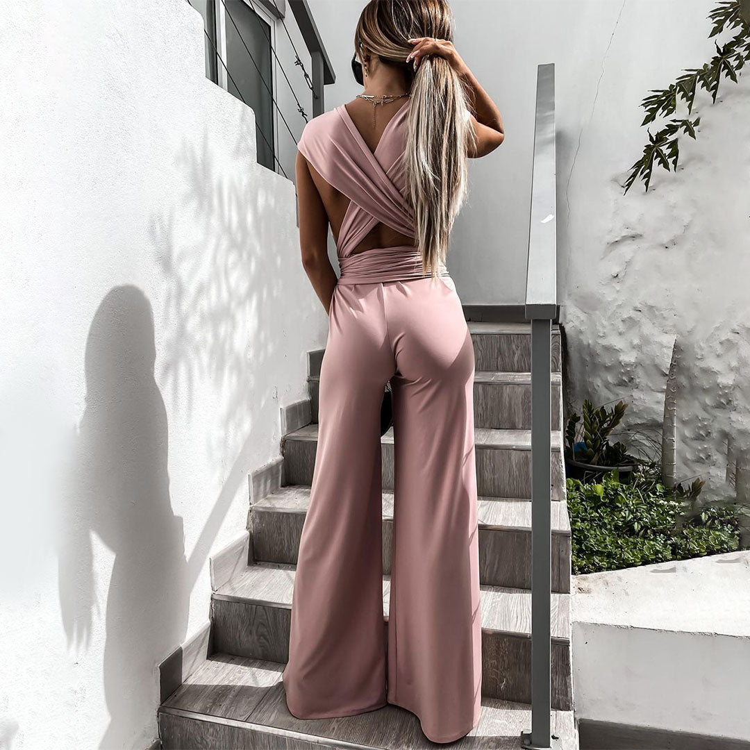 Women's Jumpsuit - Sleeveless with Deep V-Neck - Waist Tie - Wide Leg Fit