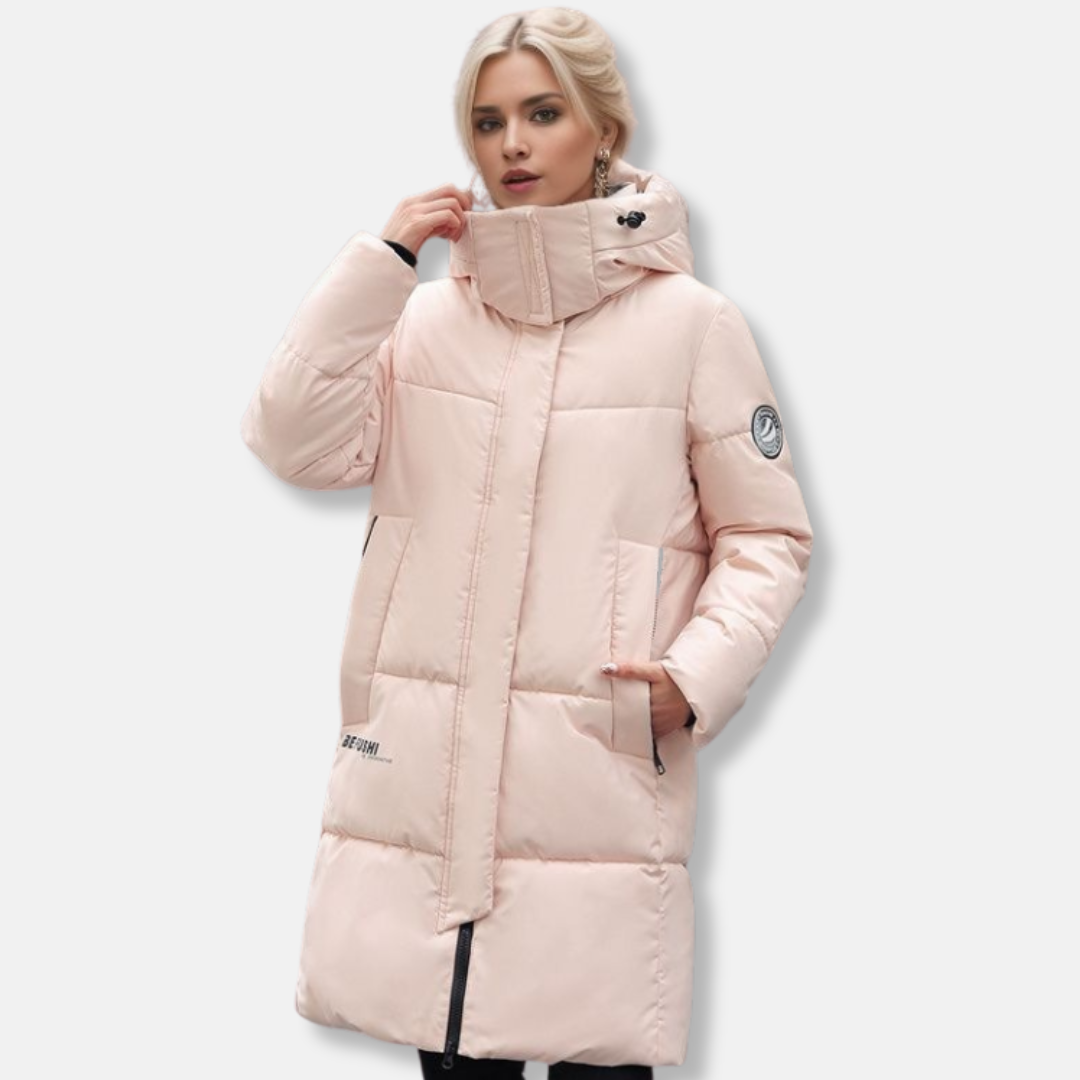 High-Collar Hooded Mid-Thigh Puffer Coat