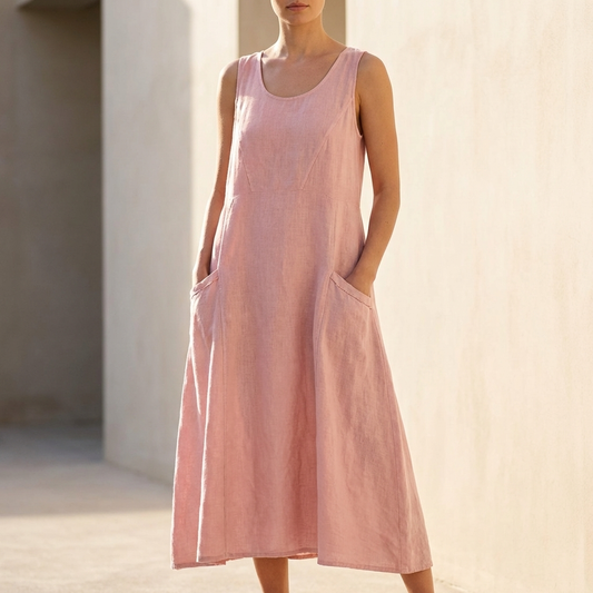 Relaxed Sleeveless A-Line Midi Dress with Front Pockets