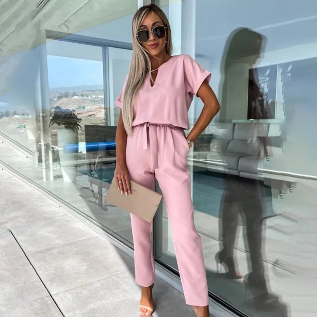 Women's Jumpsuit - Elegant Design - Short Sleeve - Elastic Waist - Comfortable Fit