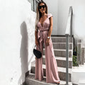 Women's Jumpsuit - Sleeveless with Deep V-Neck - Waist Tie - Wide Leg Fit