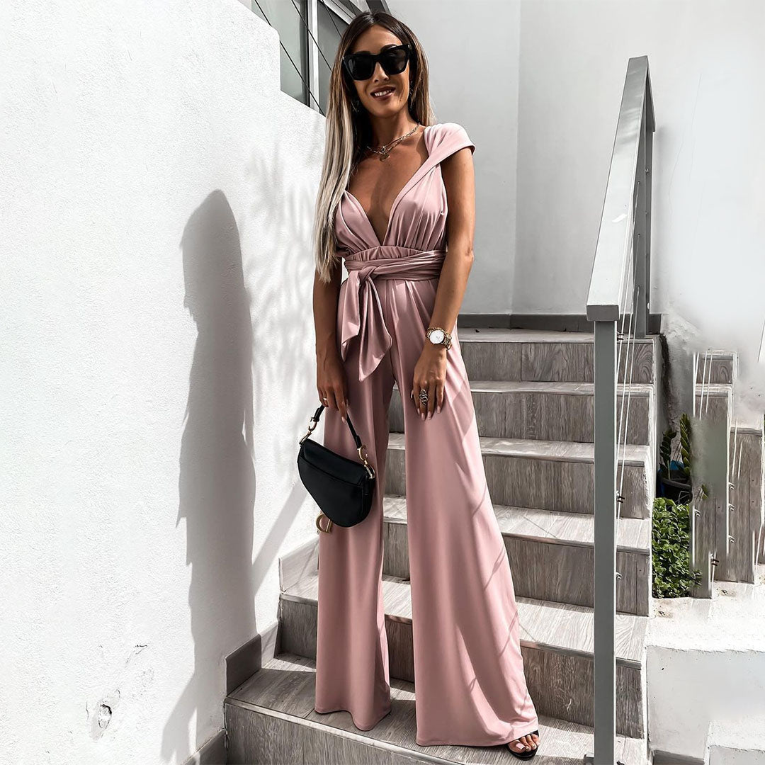 Women's Jumpsuit - Sleeveless with Deep V-Neck - Waist Tie - Wide Leg Fit