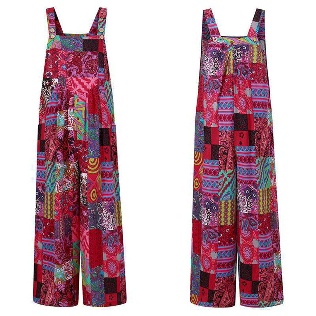 Women's Jumpsuit - Loose Fit - Patchwork Pattern - Long Legs - With Side Pockets