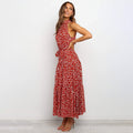 Women's Halterneck Dress - Sleeveless - A-line - Waistband - Light and Airy Long Model