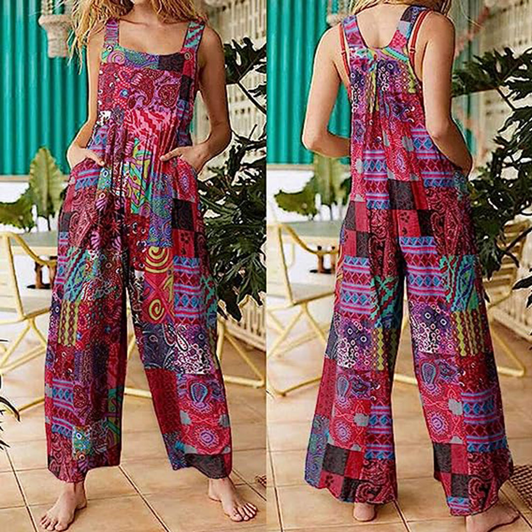 Women's Jumpsuit - Loose Fit - Patchwork Pattern - Long Legs - With Side Pockets