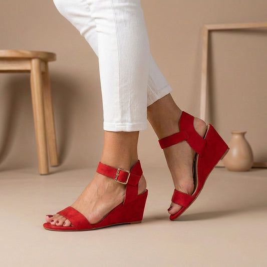 Chic Suede-Finish Low Wedge Sandals with Polished Gold-Tone Ankle Buckle
