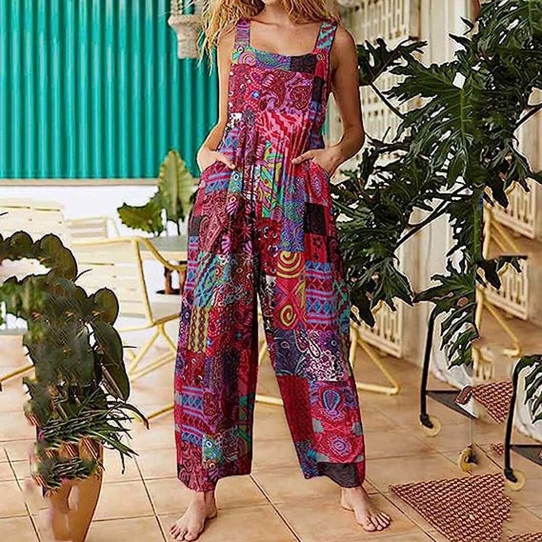 Women's Jumpsuit - Loose Fit - Patchwork Pattern - Long Legs - With Side Pockets