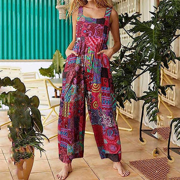 Loose Fit Patchwork Pattern Jumpsuit With Pockets