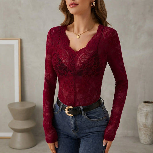 Sophia Fitted Lace Top | Sheer Scalloped Trim Top