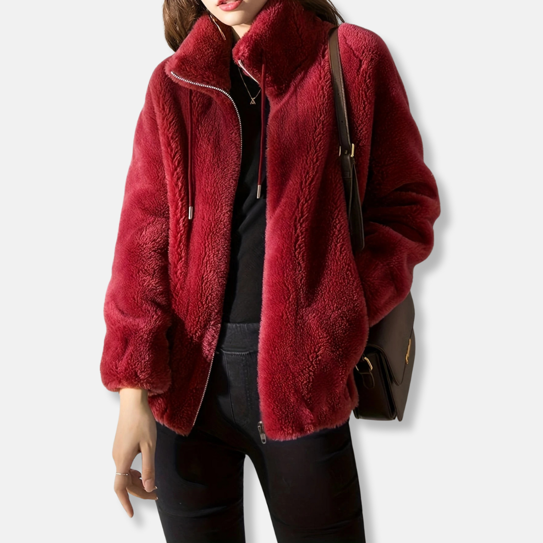 Plush Knit Stand-Up Collar Waist Length Jacket
