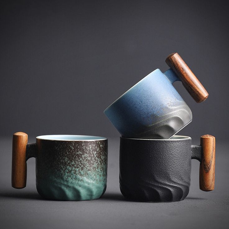 Hand-Glazed Sculpted Wood-Handled Ceramic Mug