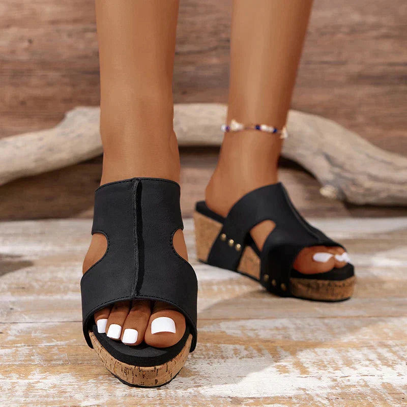 Women's Wedge Sandals - Cut-Out Design - Cork Sole - Slip-On Comfort