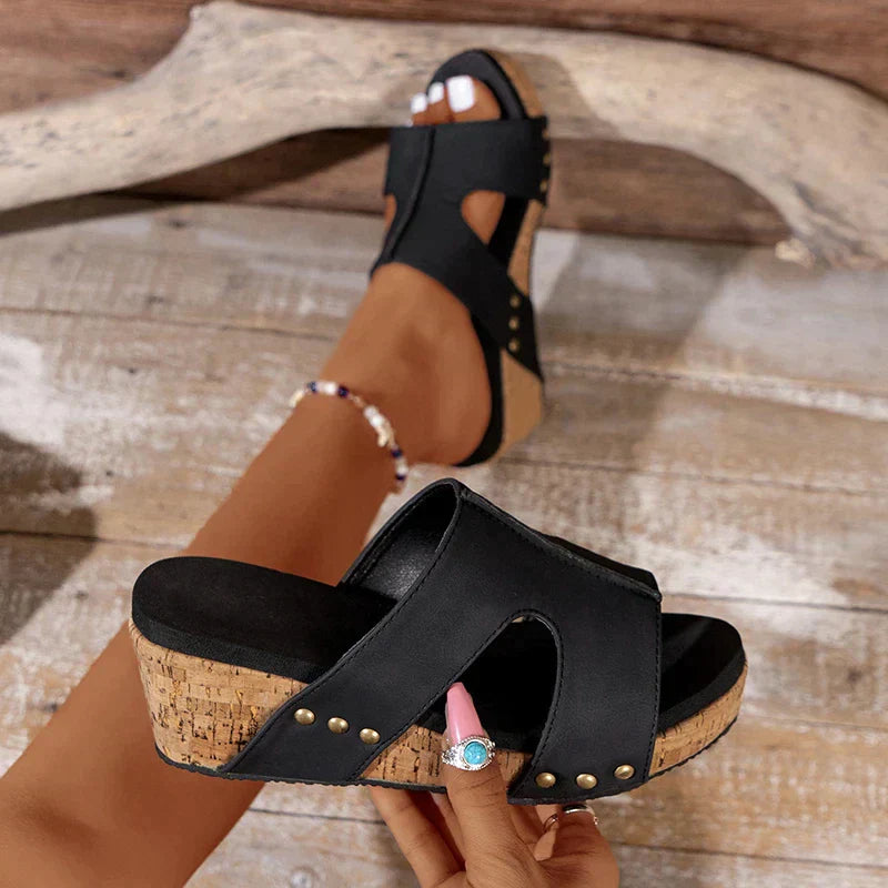 Women's Wedge Sandals - Cut-Out Design - Cork Sole - Slip-On Comfort