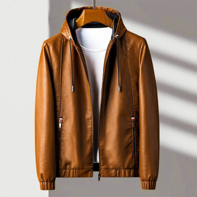 Faux Leather Full Zip Hooded Jacket