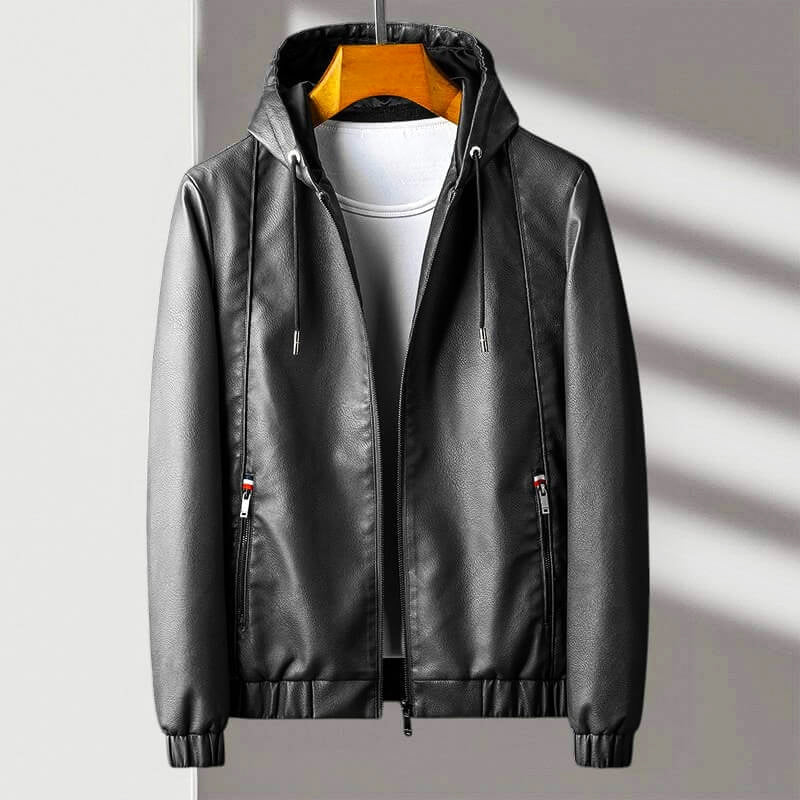 Faux Leather Full Zip Hooded Jacket
