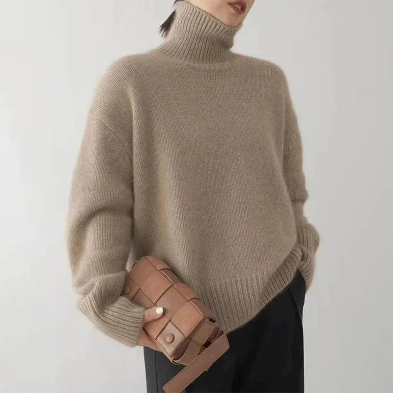 Dame Rullekravesweater - Blød Strik - Oversized Pasform - Lange Ærmer - Ribkanter