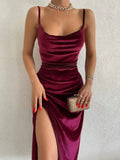 Women's Midi Bodycon Dress - Satin Look - Square Neckline - Spaghetti Straps - High Slit